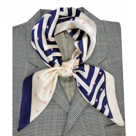 Unbranded Other - ✨Luxury Elegant Silky Scarf Navy Blue Beige Pink Polka Dot Zigzag Square Wrap